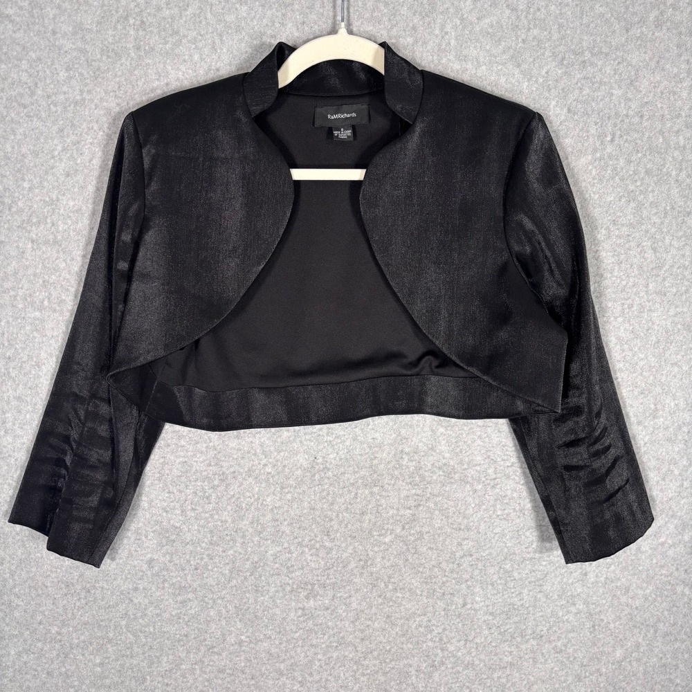R&M Richards Shimmer Crop Bolero Jacket 8 Black Evening Shrug Organza Taffeta